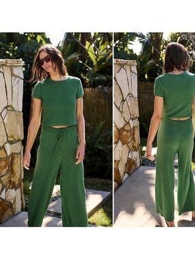 Free People Beach Green Terry Knit Wide-Leg Pants & Short Sleeve Crop Top Set